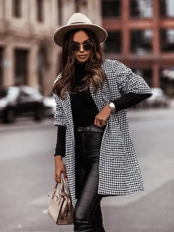 Houndstooth Three-Quarter Sleeve Woolen Coat