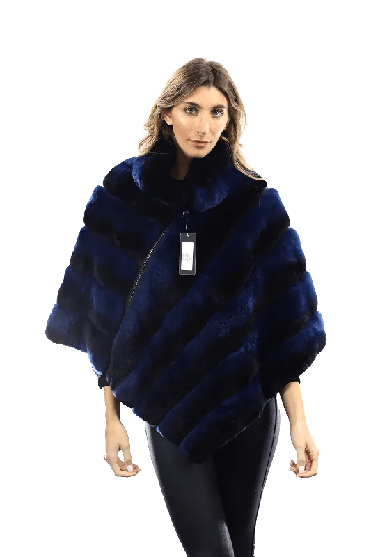 La Fiorentina -  Two Tone Rex Rabbit Poncho with Zipper - Blue