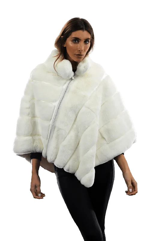 La Fiorentina -  Two Tone Rex Rabbit Poncho with Zipper - White