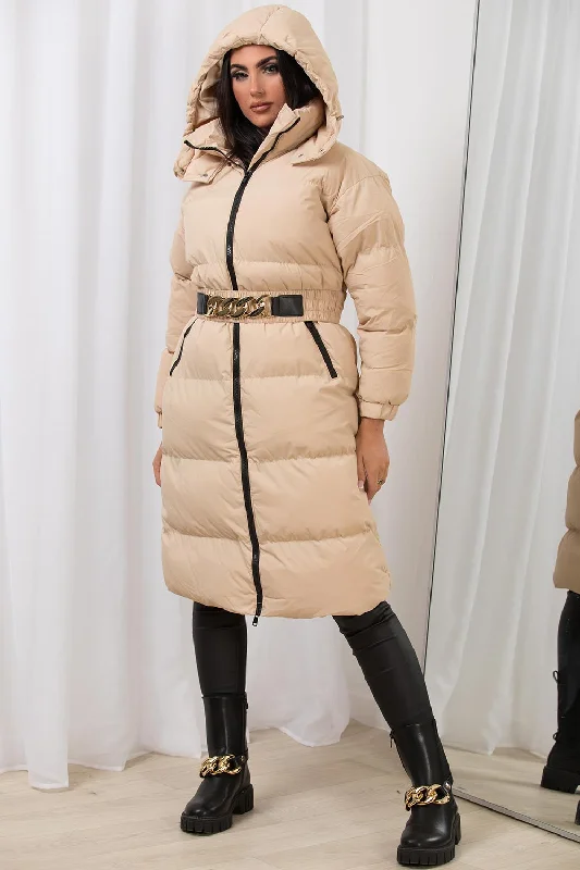 Long Puffer Padded Coat With Gold Chain Belt Beige