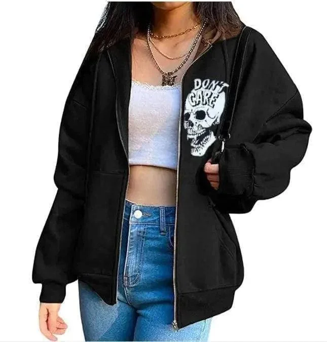 Women's Streetwear Hooded Jacket Skeleton Print Coat Loose