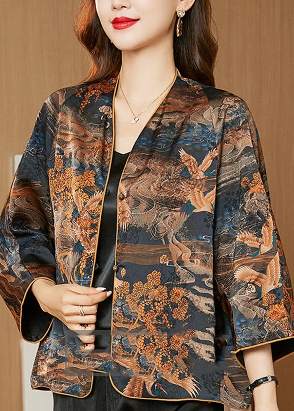 Novelty V Neck Print Button Silk Coats Spring