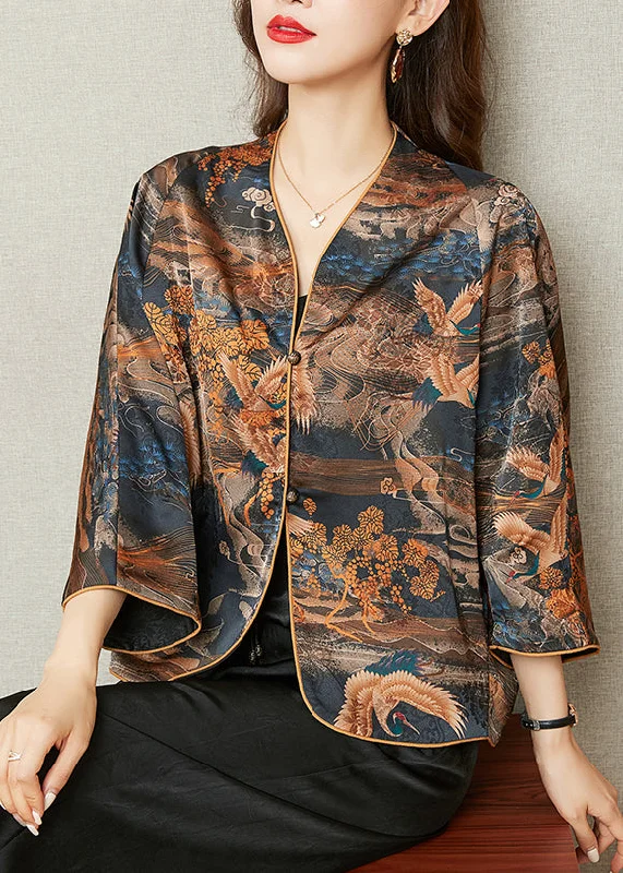 Novelty V Neck Print Button Silk Coats Spring