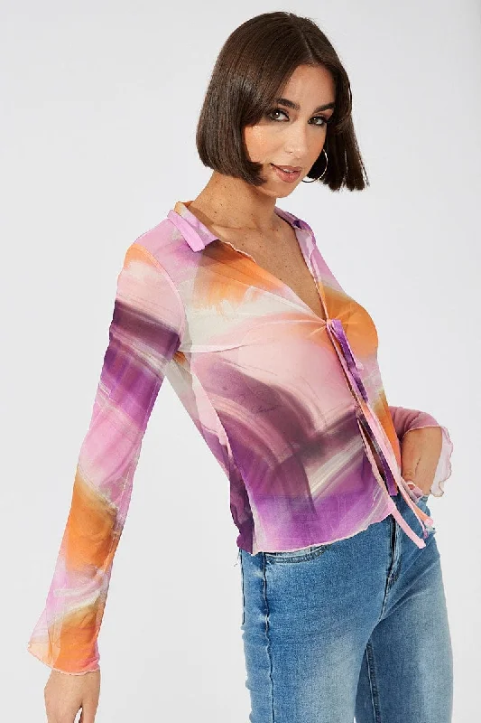 Pink Abstract Mesh Cardigan Long Sleeve