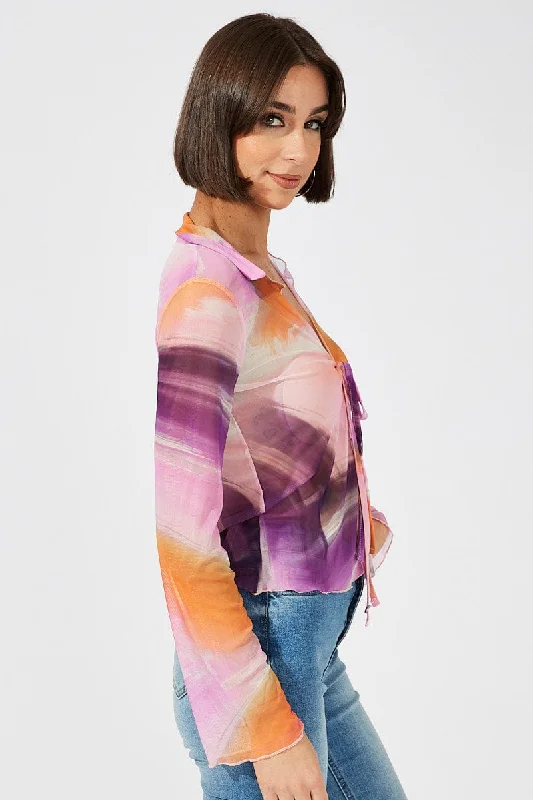 Pink Abstract Mesh Cardigan Long Sleeve