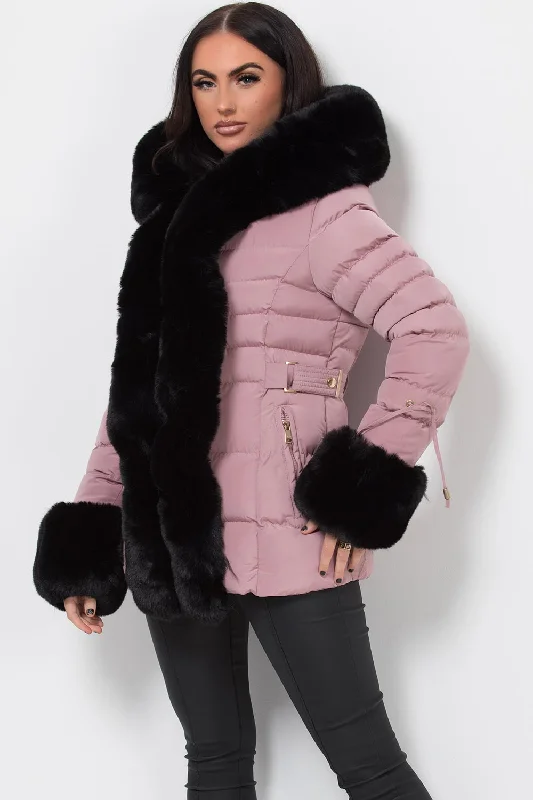 Pink Puffer Coat With Faux Fur Hood And Cuff