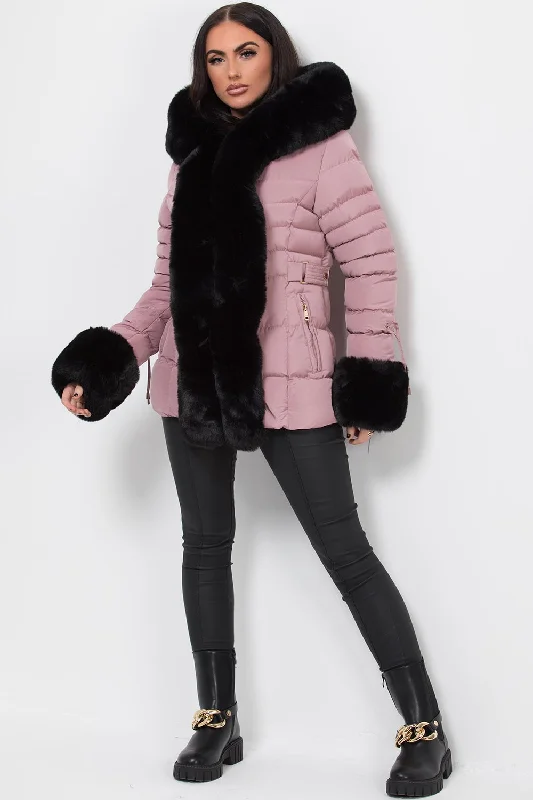 Pink Puffer Coat With Faux Fur Hood And Cuff