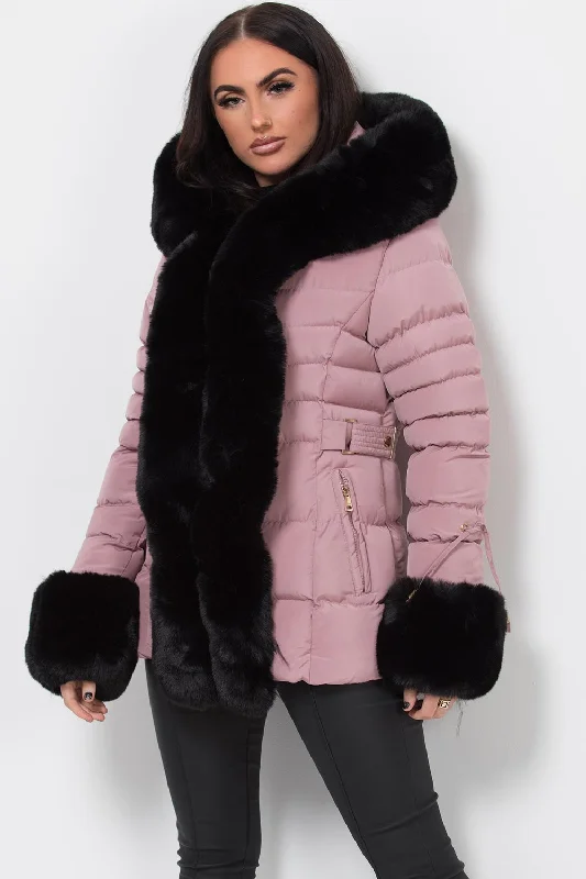 Pink Puffer Coat With Faux Fur Hood And Cuff