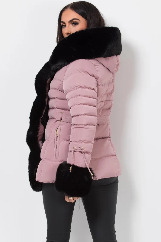 Pink Puffer Coat With Faux Fur Hood And Cuff