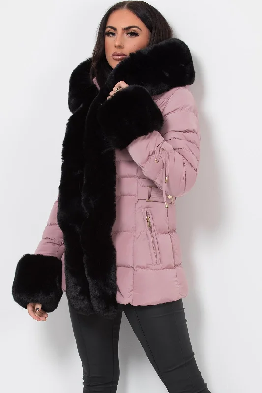 Pink Puffer Coat With Faux Fur Hood And Cuff