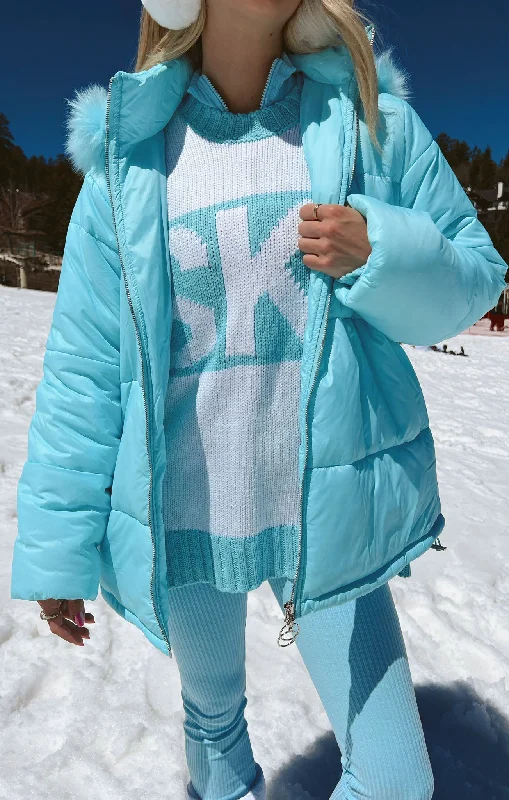 Snowbird Puffer Jacket ~ Powder Blue with Faux Fur