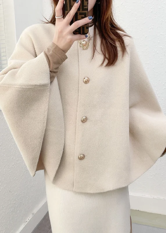 Solid White Thick Woolen Cloak Coats Stand Collar Button Fall