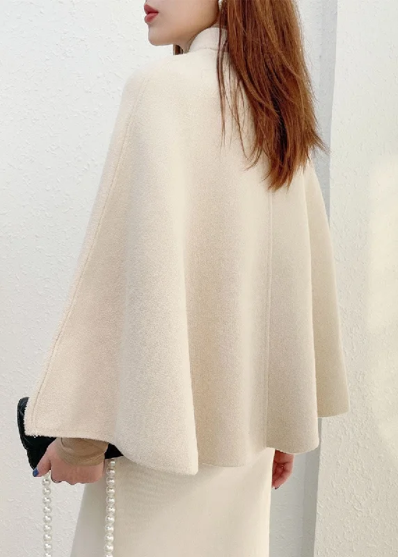 Solid White Thick Woolen Cloak Coats Stand Collar Button Fall