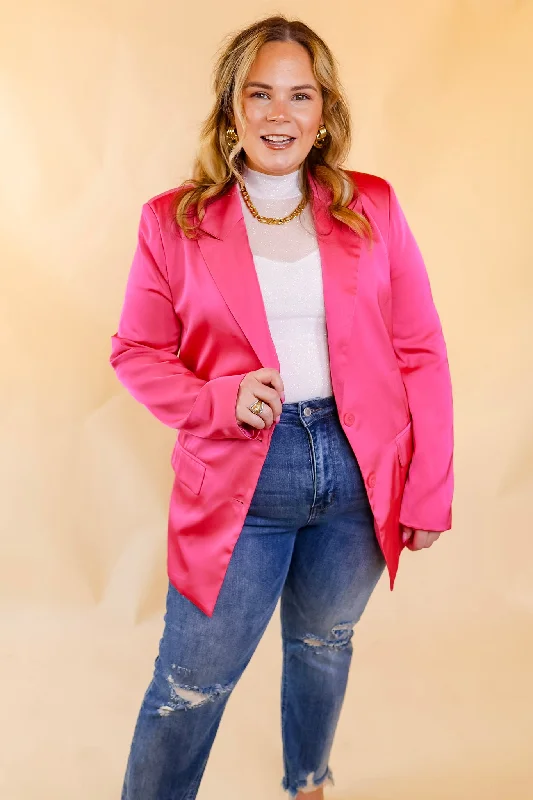 Touch Of Luxury Long Sleeve Satin Blazer in Hot Pink