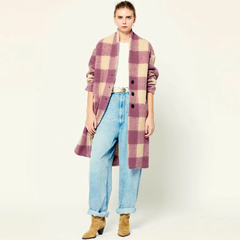 Trendy Long Sleeve Single Breasted Wool Blend Check Coat - Rose