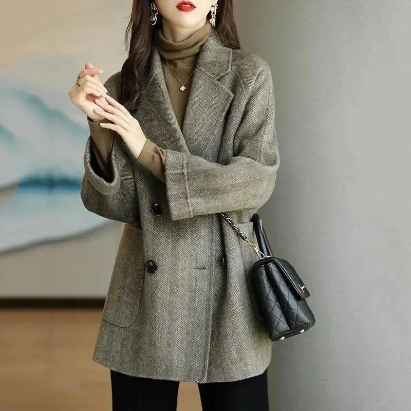 Winter Wool Coats Fashion Overcoat Female Elegant Solid Thick Woolen Coat Double Breasted Long Jackets Office Trench Coat Women