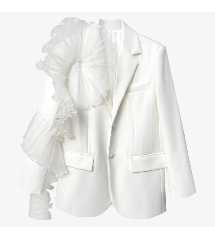 Women Blazer Asymmetry Ruffle Patchwork White Long Blazers And Jackets irregular Vintage Casual Suit Coats 2021 New