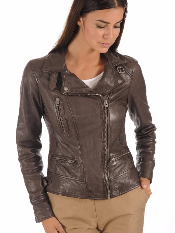 Women Brown Collar Leather Jacket