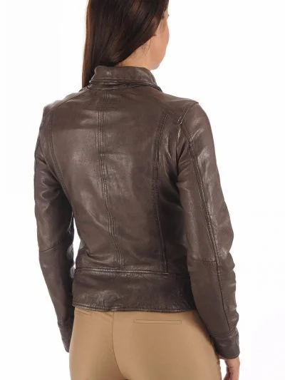 Women Brown Collar Leather Jacket