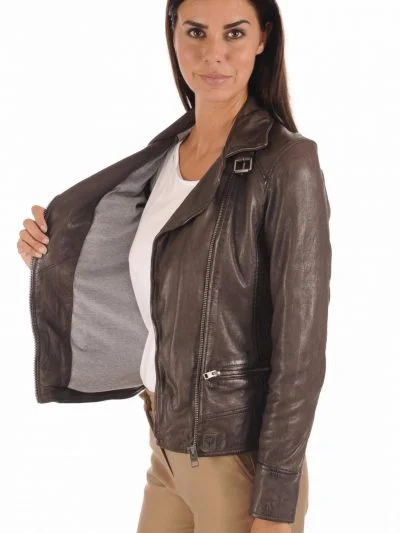 Women Brown Collar Leather Jacket