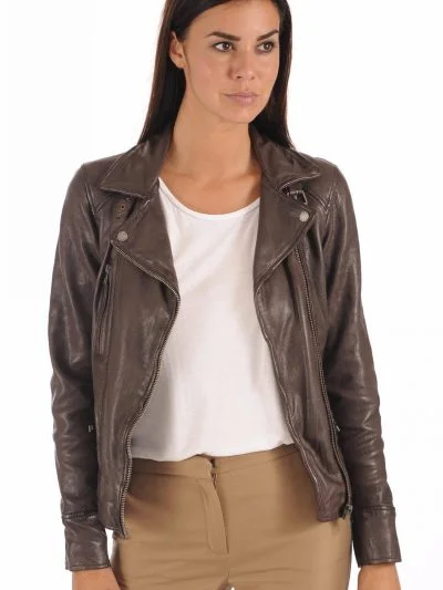 Women Brown Collar Leather Jacket