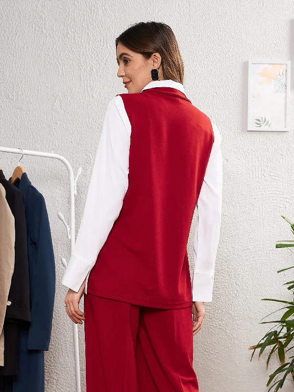 Women Red Double-Breast Sleeveless Longline Blazer