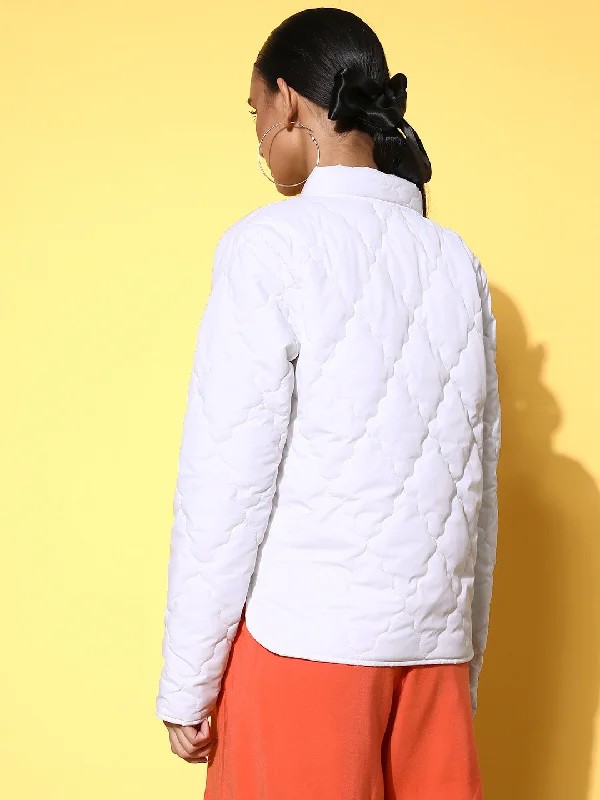 Women White Front Pockets Puffer Jacket