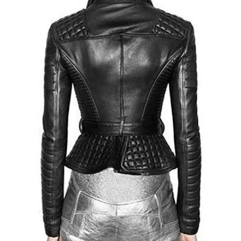 Womens Biker Padded Belted Black Leather Jacket