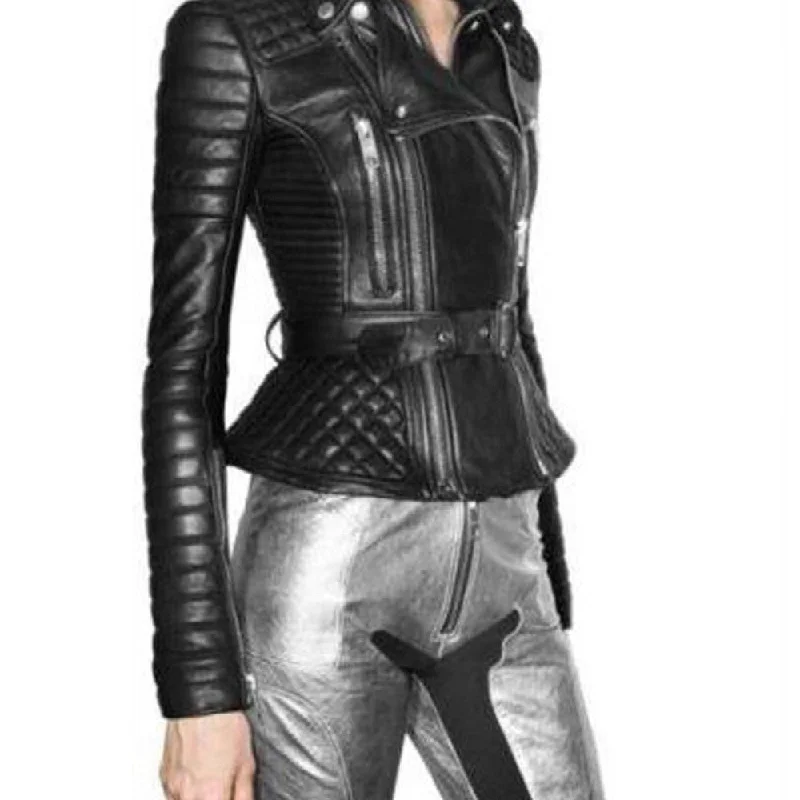 Womens Biker Padded Belted Black Leather Jacket