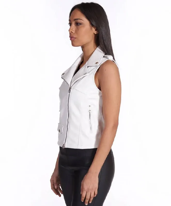 Women's Bright White Biker Leather Vest