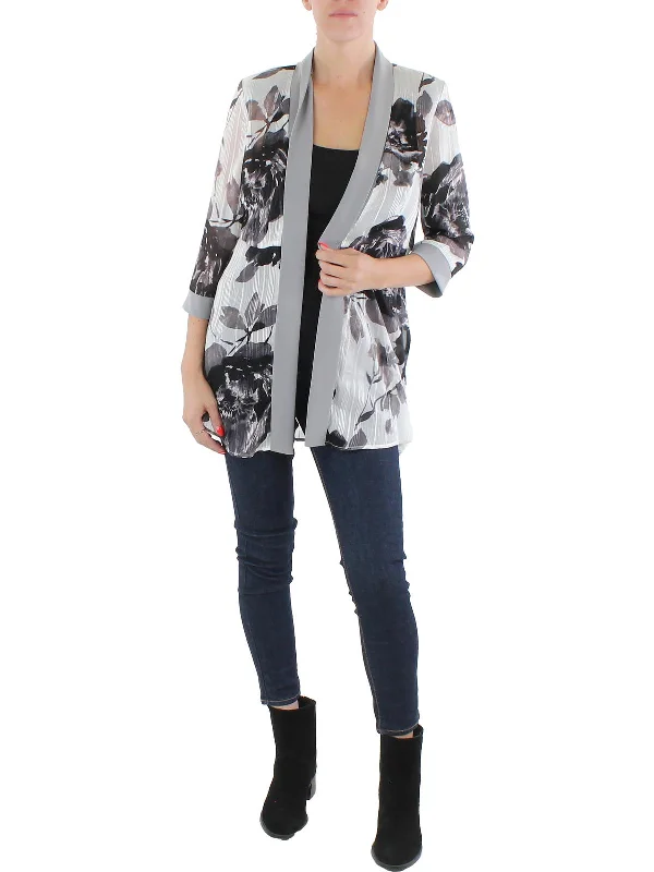 Womens Chiffon Floral Duster Blazer