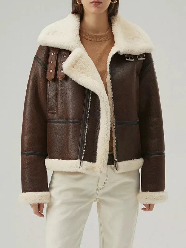 Women’s Chocolate Brown Leather Shearling Aviator Jacket