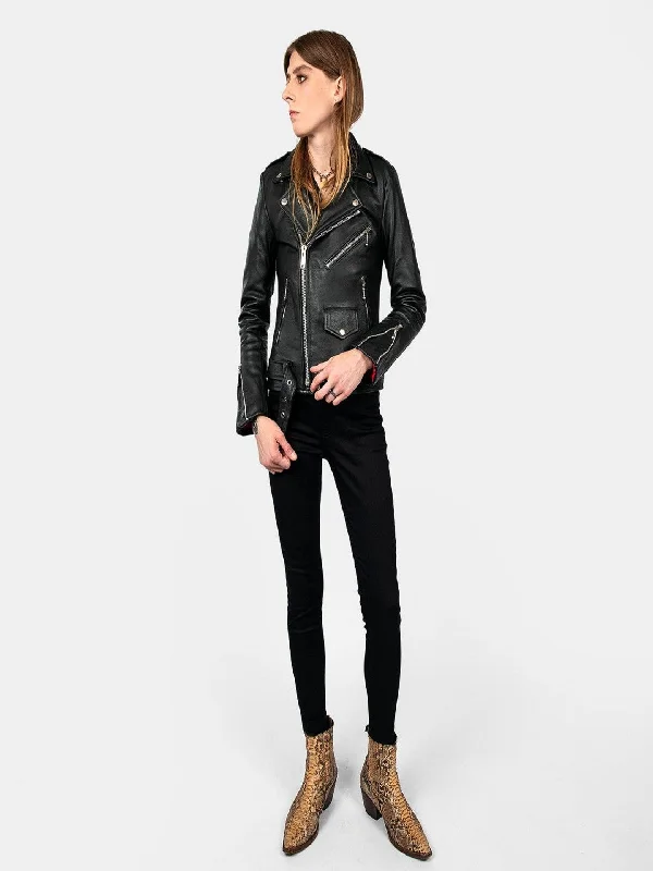 Womens Jet Black Biker Hem Collar Leather Jacket