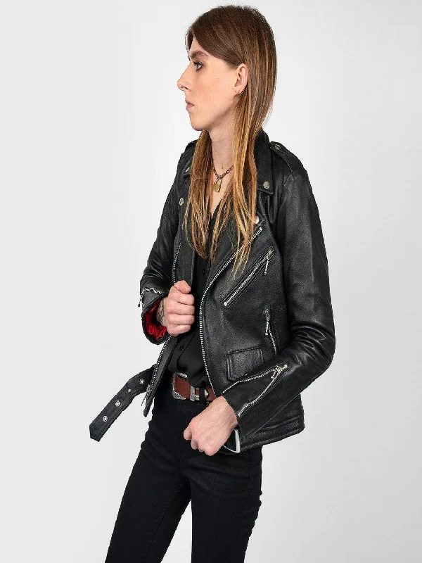 Womens Jet Black Biker Hem Collar Leather Jacket