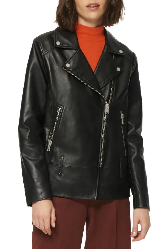 womens Lapel collar Leather jacket in Black