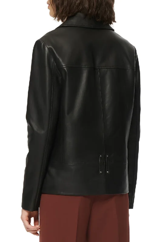 womens Lapel collar Leather jacket in Black