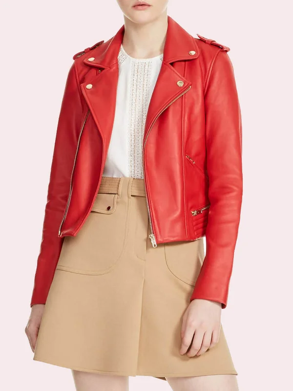 Womens Red Nappa Leather Asymmetrical Jacket