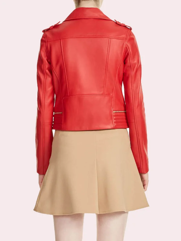 Womens Red Nappa Leather Asymmetrical Jacket