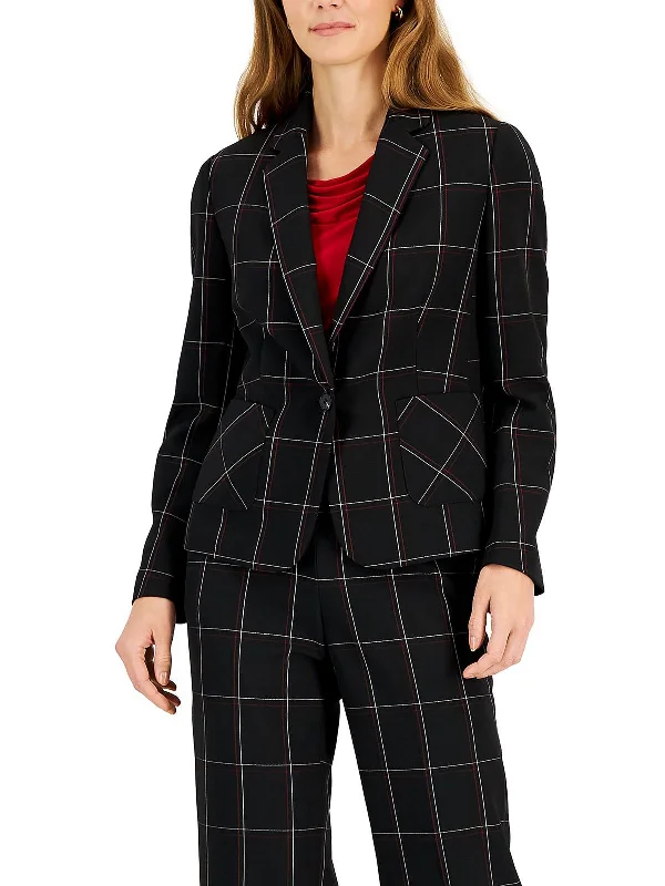 Womens Window Pane Notch Collar One-Button Blazer