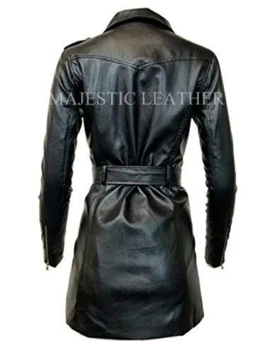 Women's Zip-up Long Jacket Belt Real Leather Trench Coats