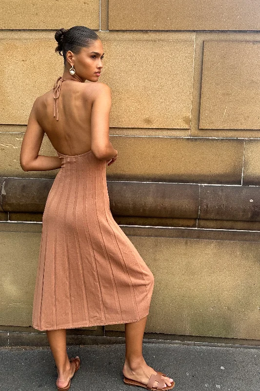 Adrienne Halter Neck Midi Dress - Tan