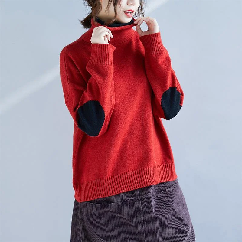 Aesthetic red knitted pullover casual high neck knitwear