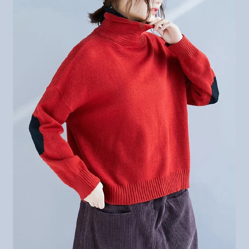 Aesthetic red knitted pullover casual high neck knitwear