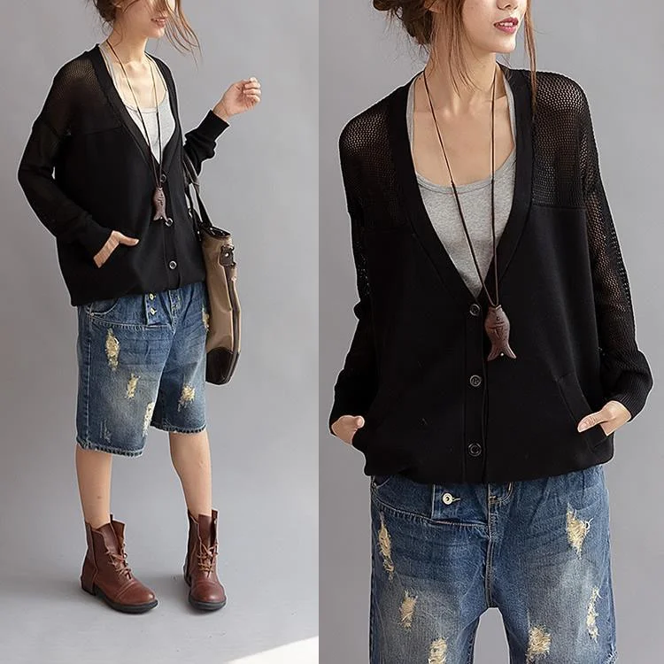 Black V neck knitted cardigan sweater top hollowed shoulder womens short jacket coat