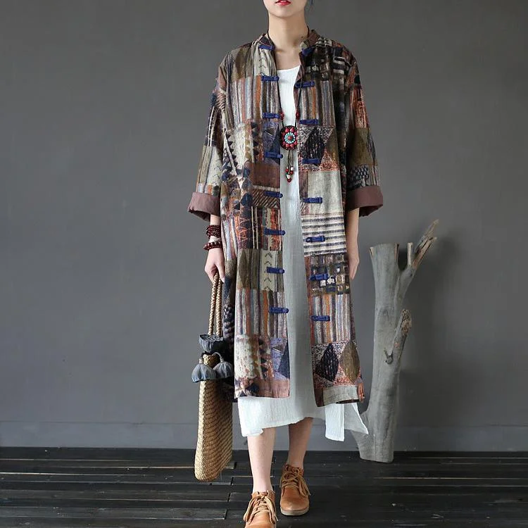 blue Chinese Button casual linen outwear oversize long sleeve maxi cardigans