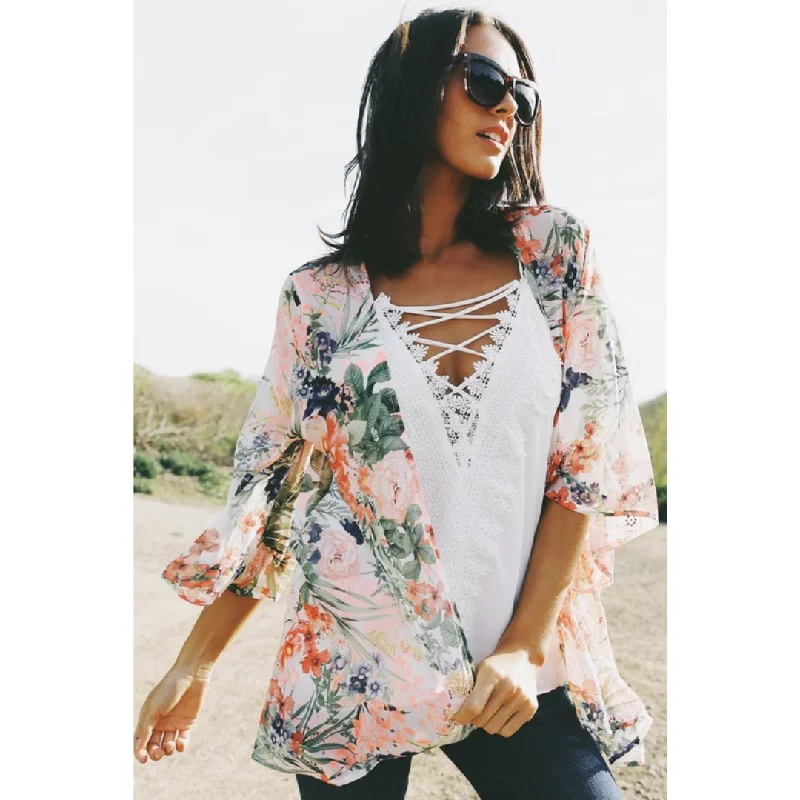 Floral Print Chiffon Kimono Cardigan