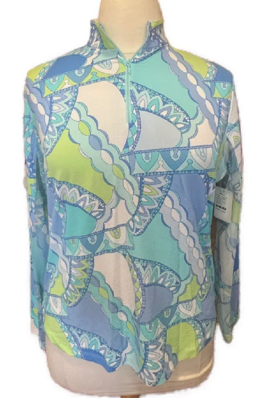 G Lifestyle Blue White Lime and Aqua Illustrative 1/4 Zip Sun Shirt Size XXL