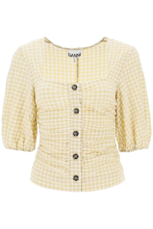 Ganni gathered blouse with gingham motif F7952 PALE KHAKI