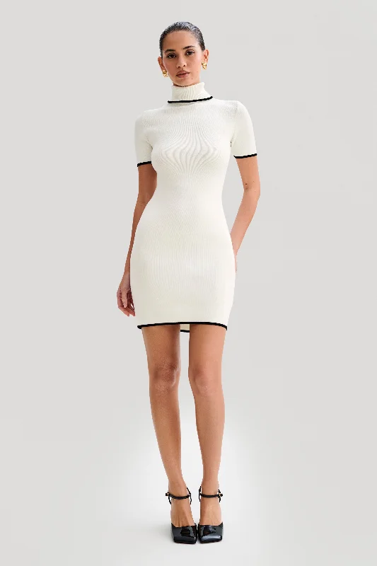 Hayley Turtleneck Contrast Knit Mini Dress - Ivory