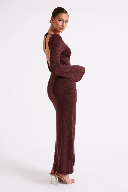 Marleigh Flare Sleeve Knit Maxi Dress - Dark Chocolate